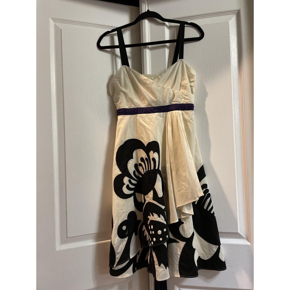 Floreat Dress Womens 6 Ivory Black Floral Applique Smocked Purple Sash Sundress